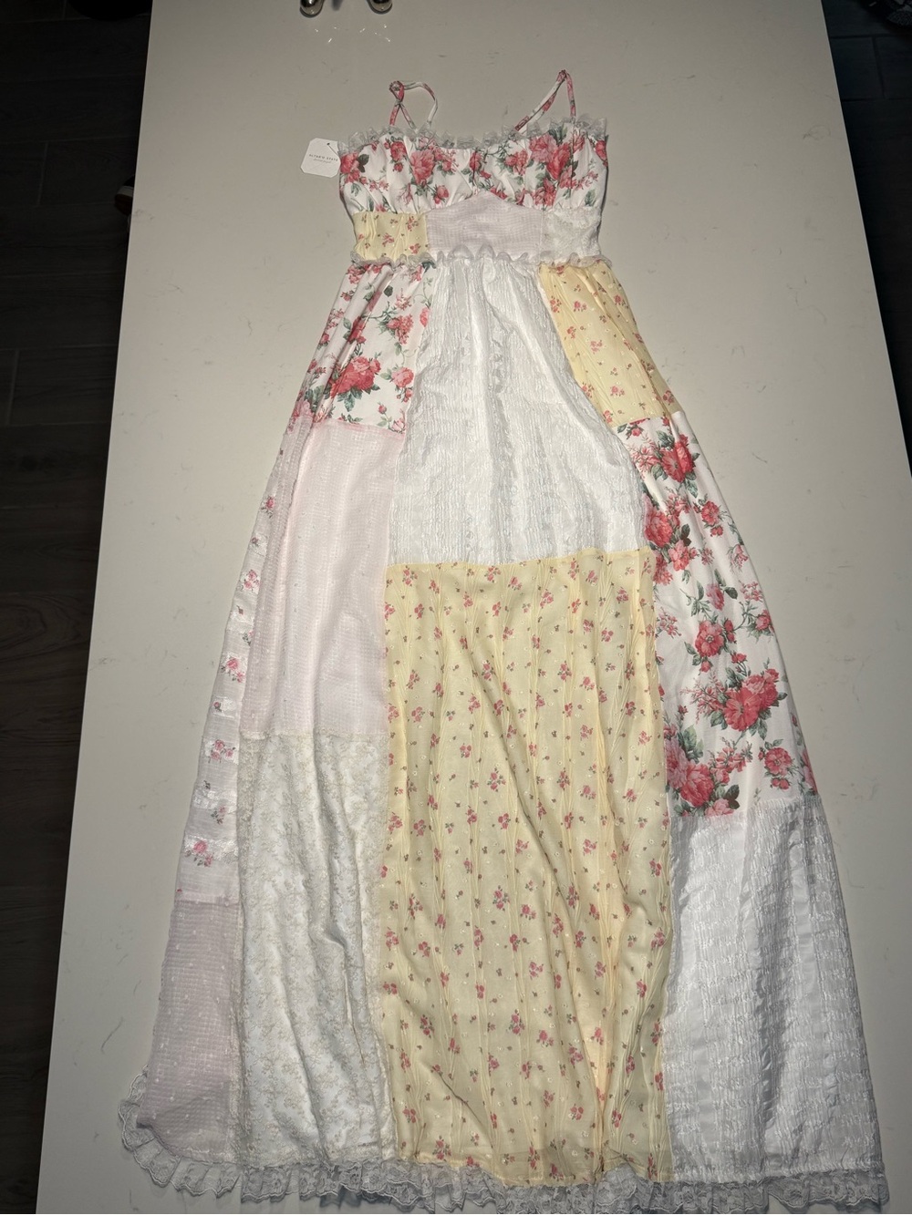 Altar’d State Floral Patchwork Maxi Dress in White, Yellow & Pink